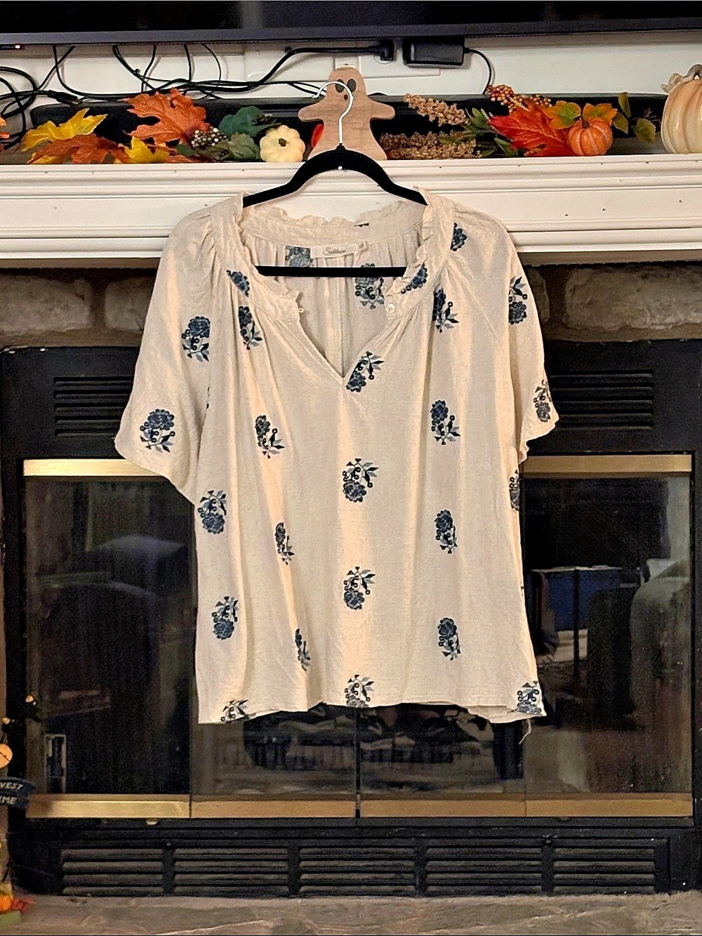 Solitaire Floral Embroidered Blouse Cream & Blue Size 3X Like New